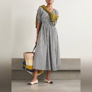 DÔEN  leslie tie-detailed smocked gingham voile midi dress - black